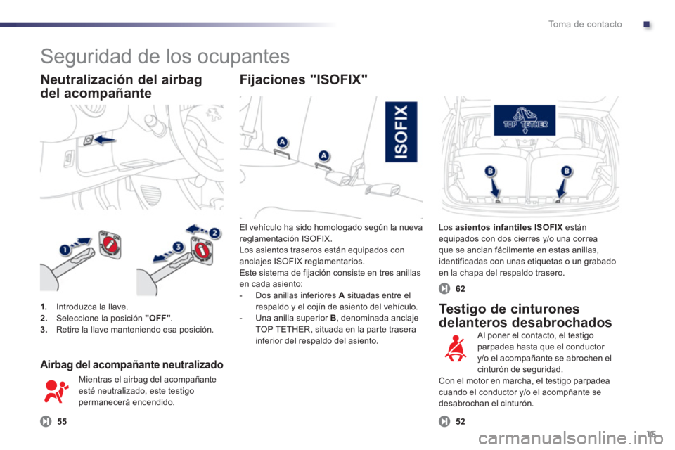 PEUGEOT 107 2012 Manual del propietario (in Spanish) .To m a d e c o n t a c t o
15
El vehículo ha sido homologado según la nuevareglamentación ISOFIX.
Los asientos traseros están equipados con anclajes ISOFIX reglamentarios.
Este sistema de fij PEUGEOT 107 2012 Manual del propietario (in Spanish) .To m a d e c o n t a c t o
15
El vehículo ha sido homologado según la nuevareglamentación ISOFIX.
Los asientos traseros están equipados con anclajes ISOFIX reglamentarios.
Este sistema de fij