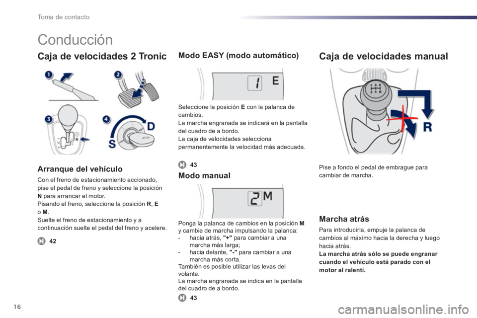 PEUGEOT 107 2012 Manual del propietario (in Spanish) To m a d e c o n t a c t o
16
Caja de velocidades 2 Tronic
Arranque del vehículo
Con el freno de estacionamiento accionado,pise el pedal de freno y seleccione la posiciónNpara arrancar el motor.
PEUGEOT 107 2012 Manual del propietario (in Spanish) To m a d e c o n t a c t o
16
Caja de velocidades 2 Tronic
Arranque del vehículo
Con el freno de estacionamiento accionado,pise el pedal de freno y seleccione la posiciónNpara arrancar el motor.