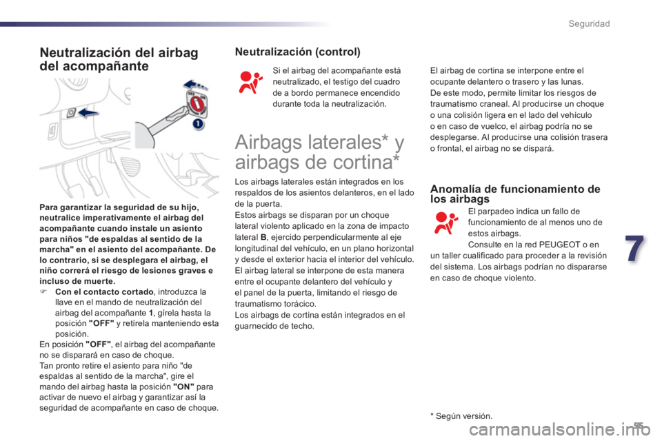 PEUGEOT 107 2012 Manual del propietario (in Spanish) 7
55 Seguridad
Para garantizar la seguridad de su hijo,
neutralice imperativamente el airbag delacompañante cuando instale un asientopara niños "de espaldas al sentido de la marcha" en el asiento de PEUGEOT 107 2012 Manual del propietario (in Spanish) 7
55 Seguridad
Para garantizar la seguridad de su hijo,
neutralice imperativamente el airbag delacompañante cuando instale un asientopara niños "de espaldas al sentido de la marcha" en el asiento de