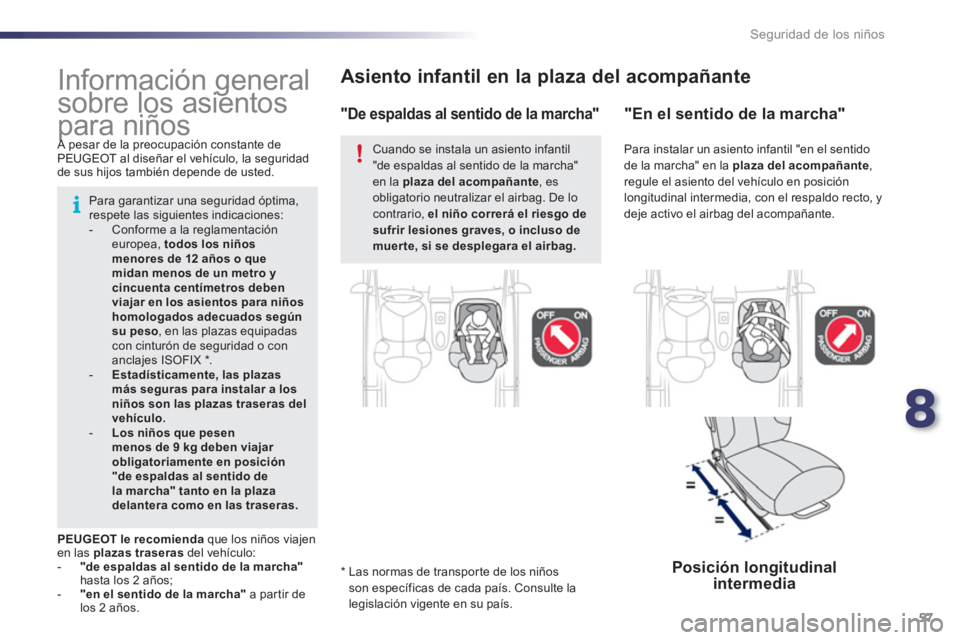 PEUGEOT 107 2012 Manual del propietario (in Spanish) 8
57 Seguridad de los niños
Asiento infantil en la plaza del acompañante
*
Las normas de transpor te de los niños
son específicas de cada país. Consulte la legislación vigente en su paí PEUGEOT 107 2012 Manual del propietario (in Spanish) 8
57 Seguridad de los niños
Asiento infantil en la plaza del acompañante
*
Las normas de transpor te de los niños
son específicas de cada país. Consulte la legislación vigente en su paí