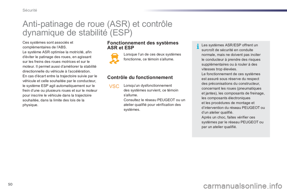 PEUGEOT 107 2012  Manuel du propriétaire (in French) VSC
50Sécurité
   
 
 
 
 
 
 
 
 
 
 
 
 
 
Anti-patinage de roue (ASR) et contrôle 
dynamique de stabilité (ESP)  
 
 
Contrôle du fonctionnement    
Fonctionnement des s
ystèmes
ASR et ESP 
 