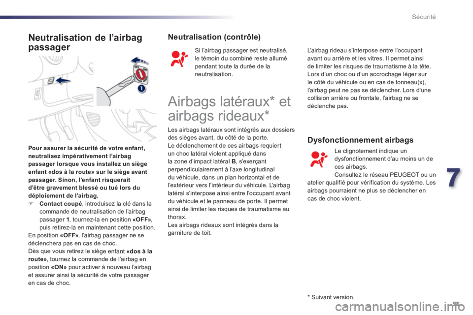 PEUGEOT 107 2012  Manuel du propriétaire (in French) 7
55 Sécurité
Pour assurer la sécurité de votre enfant,
neutralisez impérativement l’airbag passager lorsque vous installez un siègeenfant «dos à la route» sur le siège avantpassager. Sino