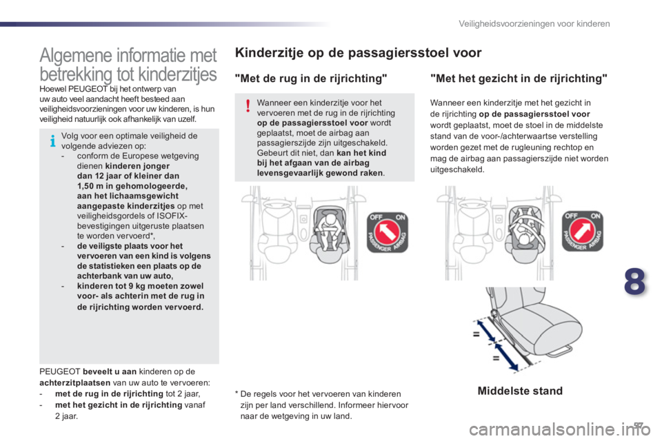 PEUGEOT 107 2012 Instructieboekje (in Dutch) 8
57 Veiligheidsvoorzieningen voor kinderen
Kinderzitje op de passagiersstoel voor
*
De regels voor het ver voeren van kinderenzijn per land verschillend. Informeer hiervoor
naar de wetgeving PEUGEOT 107 2012 Instructieboekje (in Dutch) 8
57 Veiligheidsvoorzieningen voor kinderen
Kinderzitje op de passagiersstoel voor
*
De regels voor het ver voeren van kinderenzijn per land verschillend. Informeer hiervoor
naar de wetgeving