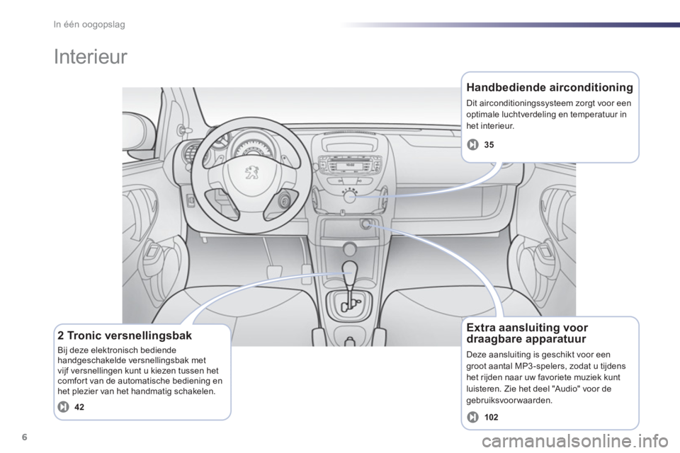 PEUGEOT 107 2012  Instructieboekje (in Dutch) In één oogopslag
6
   
Handbediende airconditioning
 
Dit airconditioningssysteem zorgt voor een 
optimale luchtverdeling en temperatuur in het interieur.
 
 
2 Tronic versnellingsbak 
 Bij deze ele