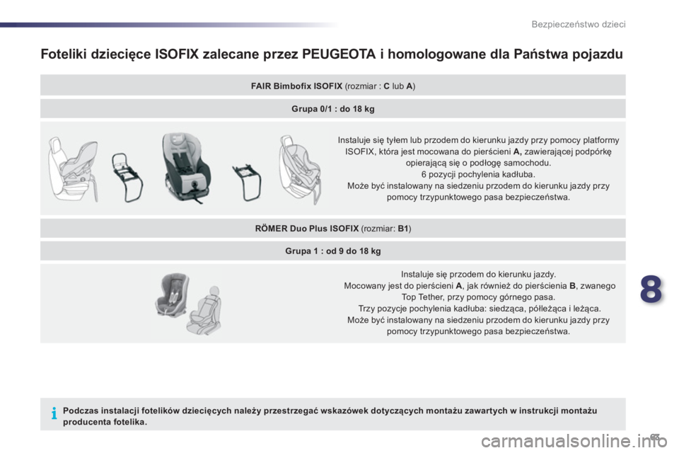 PEUGEOT 107 2012  Instrukcja obsługi (in Polish) 8
63 Bezpieczeństwo dzieci
Foteliki dziecięce ISOFIX zalecane przez PEUGEOTA i homologowane dla Państwa pojazdu
FAIR Bimbofix ISOFIX(rozmiar : C 
 lub  A 
)  A
Grupa 0/1 : do 18 kg
Instaluje się t