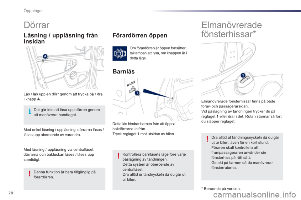 PEUGEOT 107 2012 Bruksanvisningar (in Swedish) 28Öppningar
Elmanövrerade
fönsterhissar *
Dörrar
Förardörren öppen
Om förardörren är öppen fortsätter
taklampan att lysa, om knappen är i
dett PEUGEOT 107 2012 Bruksanvisningar (in Swedish) 28Öppningar
Elmanövrerade
fönsterhissar *
Dörrar
Förardörren öppen
Om förardörren är öppen fortsätter
taklampan att lysa, om knappen är i
dett