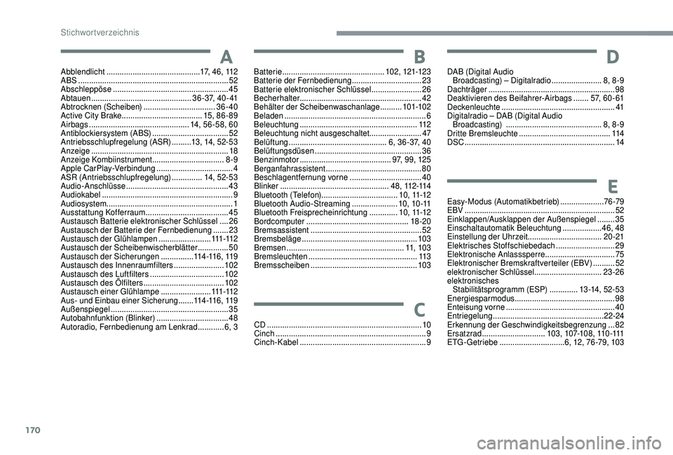 PEUGEOT 108 2018 Betriebsanleitungen (in German) 170
Abblendlicht ........................................... 17, 46, 112
ABS ........ ............................................................. 52
Abschleppöse
................................ PEUGEOT 108 2018 Betriebsanleitungen (in German) 170
Abblendlicht ........................................... 17, 46, 112
ABS ........ ............................................................. 52
Abschleppöse
................................