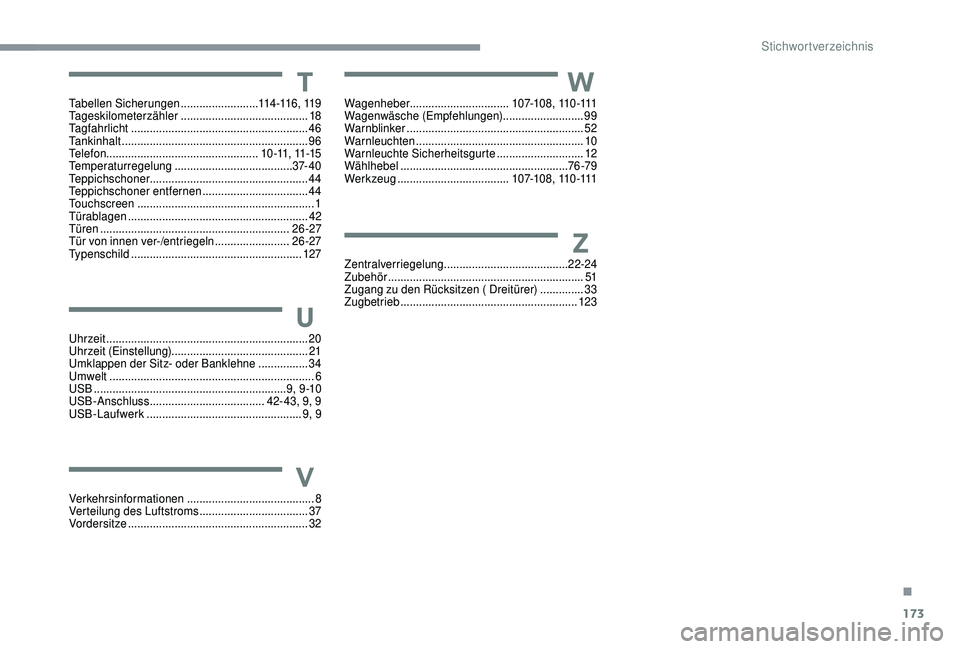 PEUGEOT 108 2018 Betriebsanleitungen (in German) 173
Tabellen Sicherungen .........................11 4 -11 6 , 11 9
Tageskilometerzähler ......................................... 18
Tagfahrlicht
............................................... PEUGEOT 108 2018 Betriebsanleitungen (in German) 173
Tabellen Sicherungen .........................11 4 -11 6 , 11 9
Tageskilometerzähler ......................................... 18
Tagfahrlicht
...............................................