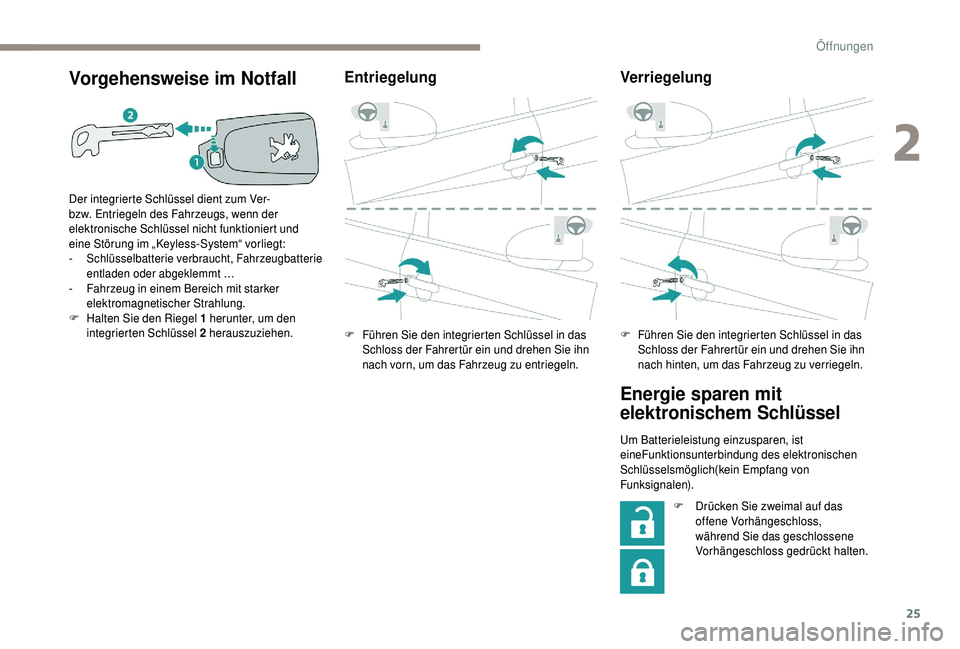 PEUGEOT 108 2018 Betriebsanleitungen (in German) 25
Vorgehensweise im Notfall
Der integrierte Schlüssel dient zum Ver-
bzw. Entriegeln des Fahrzeugs, wenn der
elektronische Schlüssel nicht funktioniert und
eine Störung im „Keyless-System“ PEUGEOT 108 2018 Betriebsanleitungen (in German) 25
Vorgehensweise im Notfall
Der integrierte Schlüssel dient zum Ver-
bzw. Entriegeln des Fahrzeugs, wenn der
elektronische Schlüssel nicht funktioniert und
eine Störung im „Keyless-System“