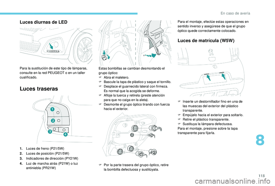 PEUGEOT 108 2018  Manual del propietario (in Spanish) 113
Luces diurnas de LED
Luces traseras
1.Luces de freno (P21/5W)
2. Luces de posición (P21/5W)
3. Indicadores de dirección (PY21W)
4. Luz de marcha atrás (P21W) o luz 
antiniebla (PR21W)
Estas bom