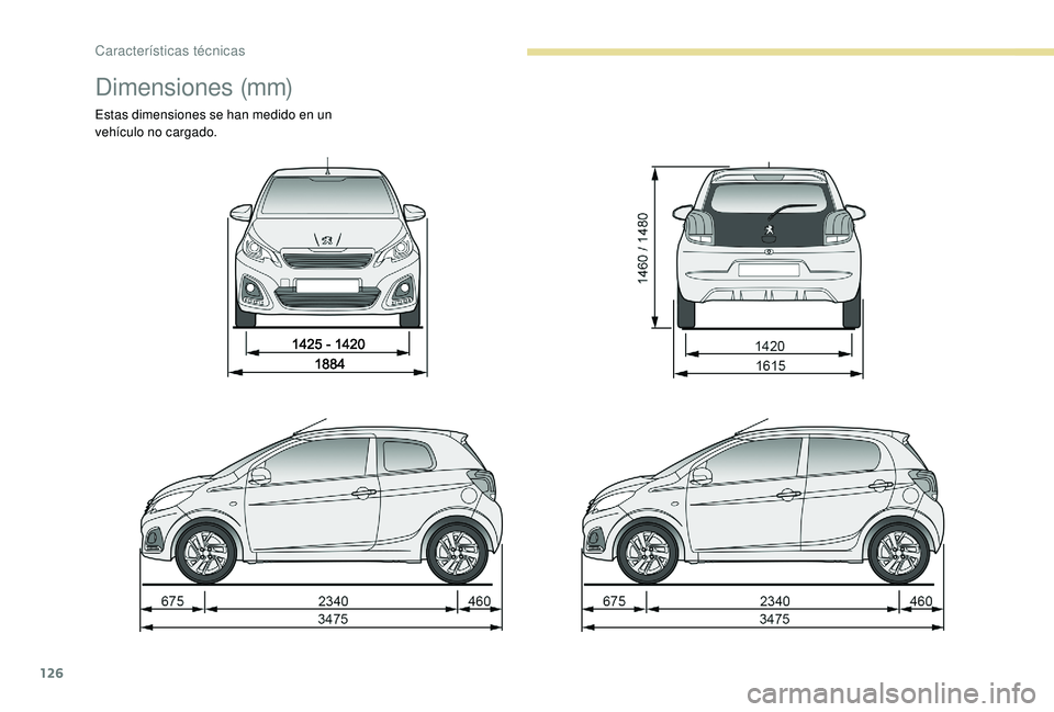 PEUGEOT 108 2018  Manual del propietario (in Spanish) 126
Dimensiones (mm) 
Estas dimensiones se han medido en un 
vehículo no cargado. 
Características técnicas  