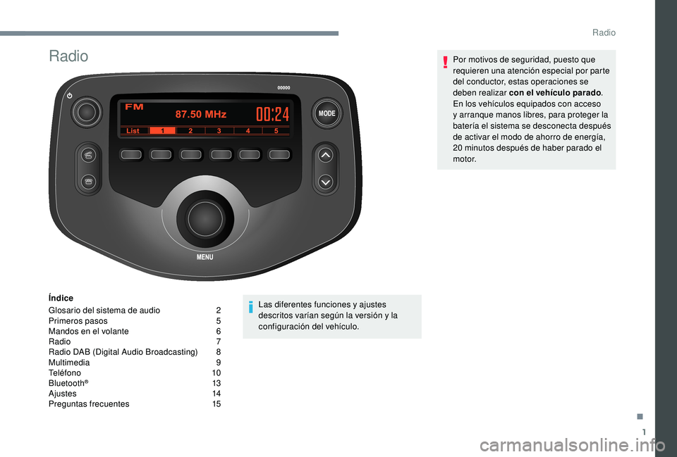 PEUGEOT 108 2018  Manual del propietario (in Spanish) 1
MODE
Radio
Índice
Glosario del sistema de audio  
2
P

rimeros pasos   
5
M

andos en el volante   
6
R

adio   
7
R

adio DAB (Digital Audio Broadcasting)   
8
M

ultimedia   
9
T

eléfono   
1
 