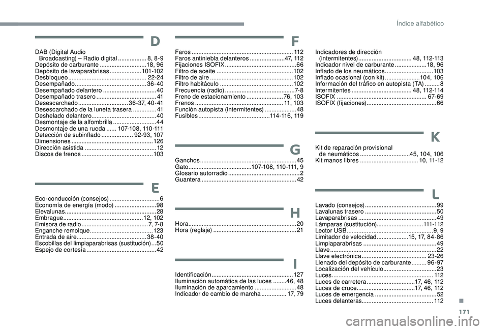 PEUGEOT 108 2018  Manual del propietario (in Spanish) 171
DAB (Digital Audio Broadcasting) – Radio digital  .................8, 8 -9
Depósito de carburante
 ............................ 18

, 9 6
Depósito de lavaparabrisas
 

...................101-1