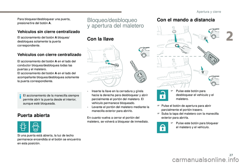 PEUGEOT 108 2018  Manual del propietario (in Spanish) 27
Para bloquear/desbloquear una puerta, 
presione/tire del botón A.
Vehículos sin cierre centralizado
El accionamiento del botón A bloquea/
desbloquea solamente la puerta 
correspondiente.
Vehícu
