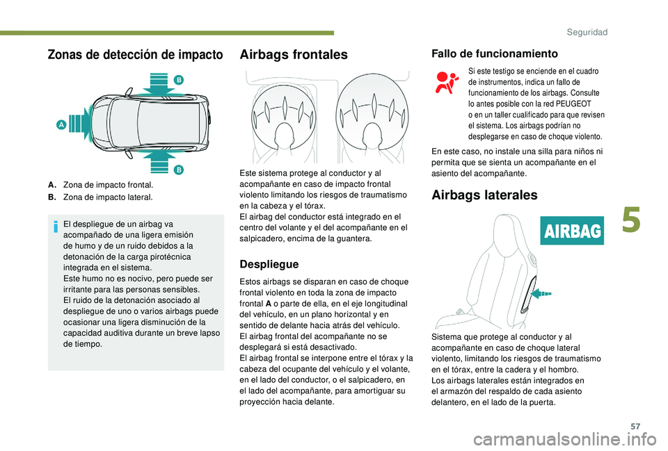 PEUGEOT 108 2018  Manual del propietario (in Spanish) 57
Zonas de detección de impacto
A.Zona de impacto frontal.
B. Zona de impacto lateral.
El despliegue de un airbag va 
acompañado de una ligera emisión 
de humo y
  de un ruido debidos a   la 
deto