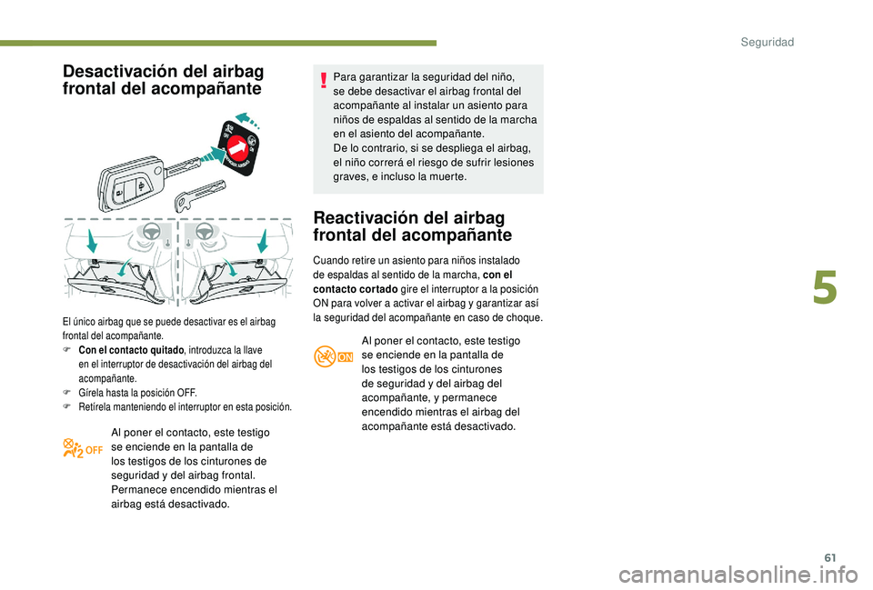 PEUGEOT 108 2018  Manual del propietario (in Spanish) 61
Desactivación del airbag 
frontal del acompañante
El único airbag que se puede desactivar es el airbag 
frontal del acompañante.
F 
C
 on el contacto quitado , introduzca la llave 
en el interr