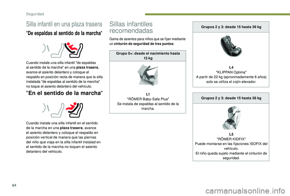 PEUGEOT 108 2018  Manual del propietario (in Spanish) 64
Silla infantil en una plaza trasera
"De espaldas al sentido de la marcha "
Cuando instale una silla infantil "de espaldas 
al sentido de la marcha" en una plaza trasera , 
avance el
