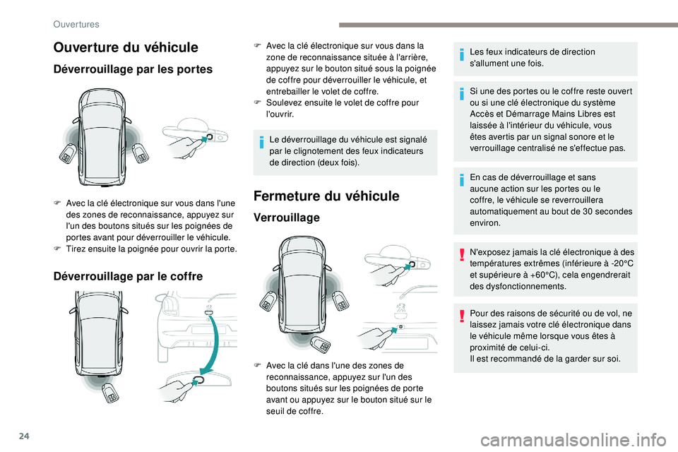 PEUGEOT 108 2018 Manuel du propriétaire (in French) 24
Ouverture du véhicule
Déverrouillage par les portes
Déverrouillage par le coffre
F Avec la clé électronique sur vous dans l'une des zones de reconnaissance, appuyez sur
l'un des bouto PEUGEOT 108 2018 Manuel du propriétaire (in French) 24
Ouverture du véhicule
Déverrouillage par les portes
Déverrouillage par le coffre
F Avec la clé électronique sur vous dans l'une des zones de reconnaissance, appuyez sur
l'un des bouto