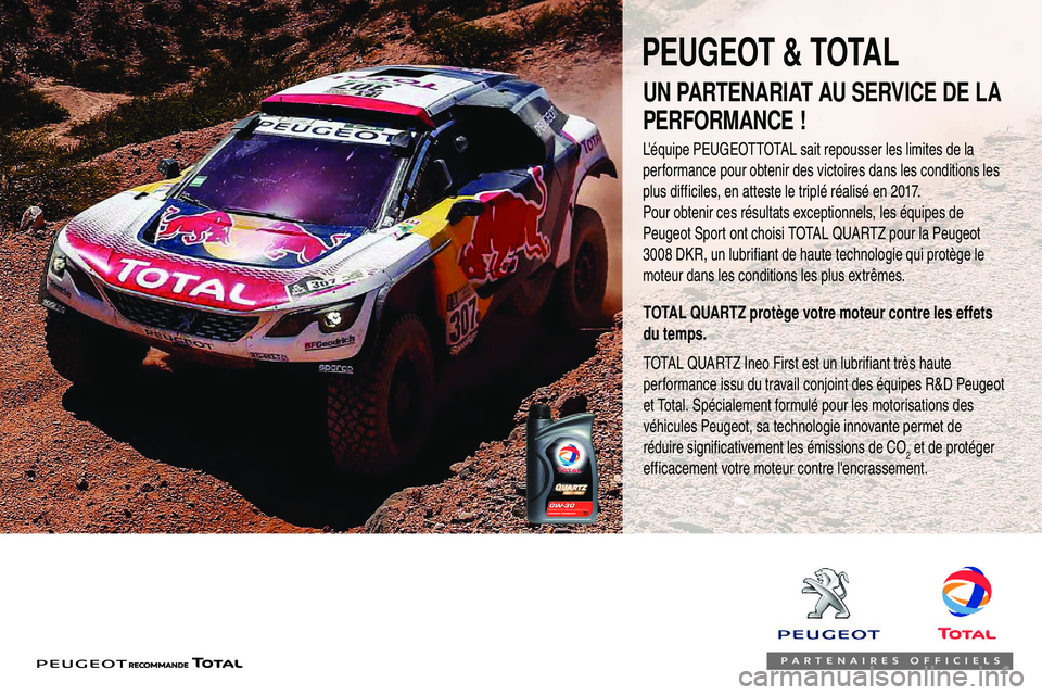 PEUGEOT 108 2018  Manuel du propriétaire (in French) UN PARTENARIAT AU SERVICE DE LA 
PERFORMANCE !
L'équipe PEUGEOTTOTAL sait repousser les limites de la 
performance pour obtenir des victoires dans les conditions les 
plus difficiles, en atteste 