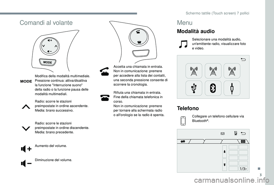 PEUGEOT 108 2018  Manuale duso (in Italian) 3
Comandi al volante
Radio: scorre le stazioni 
preimpostate in ordine ascendente.
Media: brano successivo.
Radio: scorre le stazioni 
preimpostate in ordine discendente.
Media: brano precedente.
Aume