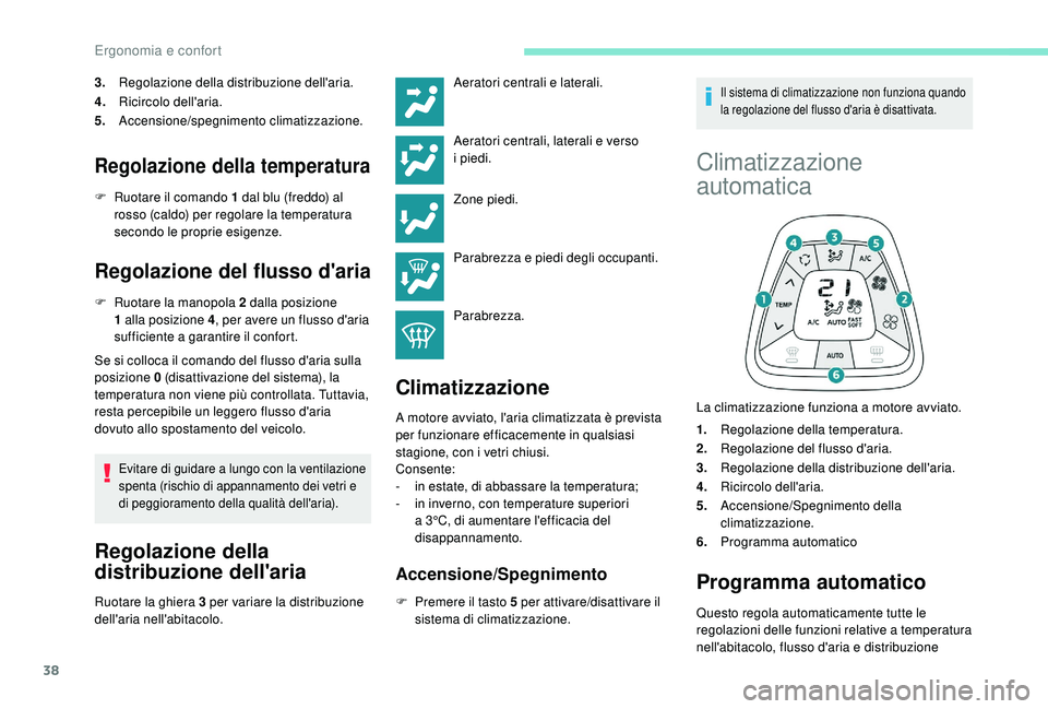 PEUGEOT 108 2018 Manuale duso (in Italian) 38
3.Regolazione della distribuzione dell'aria.
4. Ricircolo dell'aria.
5. Accensione/spegnimento climatizzazione.
Regolazione della temperatura
F Ruotare il comando 1 dal blu (freddo) al
r PEUGEOT 108 2018 Manuale duso (in Italian) 38
3.Regolazione della distribuzione dell'aria.
4. Ricircolo dell'aria.
5. Accensione/spegnimento climatizzazione.
Regolazione della temperatura
F Ruotare il comando 1 dal blu (freddo) al
r