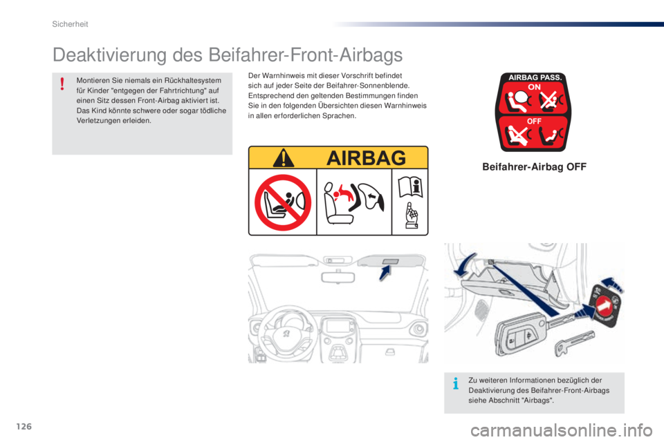 PEUGEOT 108 2016  Betriebsanleitungen (in German) 126
108_de_Chap06_securite_ed01-2016
Beifahrer-Airbag OFF
Der Warnhinweis mit dieser Vorschrift befindet 
sich auf jeder Seite der Beifahrer-Sonnenblende. 
Entsprechend den geltenden Bestimmungen find