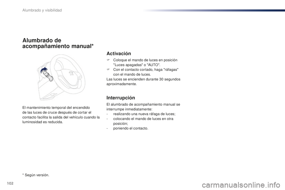 PEUGEOT 108 2016  Manual del propietario (in Spanish) 102
108_es_Chap05_eclairage-visibilite_ed01-2016
Alumbrado de 
acompañamiento manual*
El mantenimiento temporal del encendido 
de las luces de cruce después de cortar el 
contacto facilita la salida