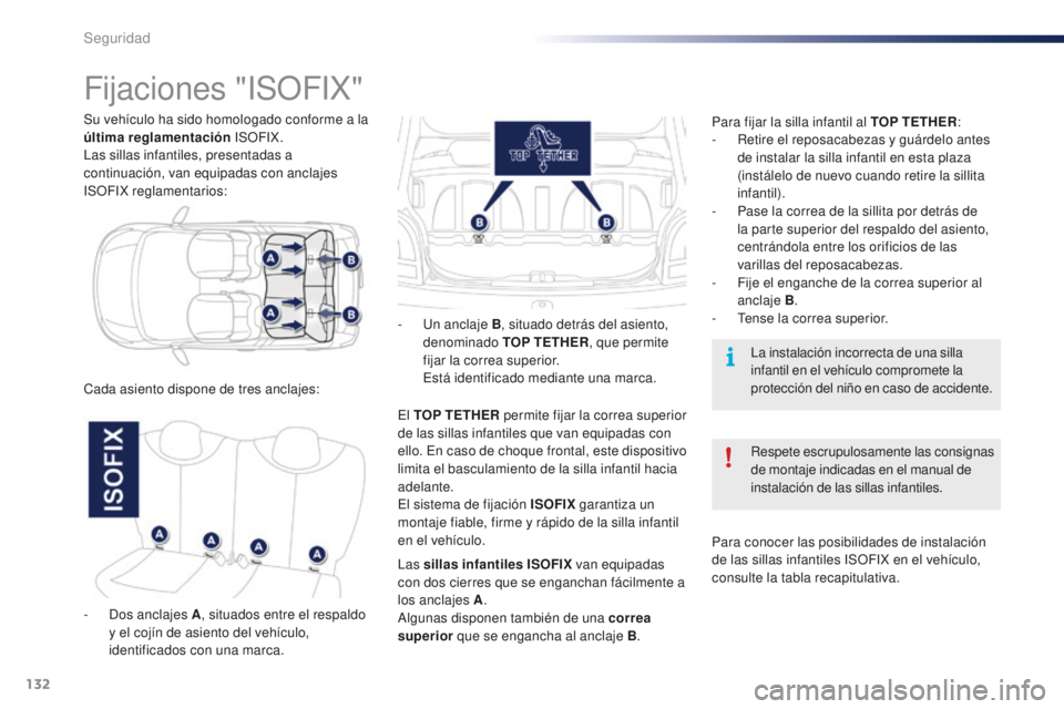 PEUGEOT 108 2016 Manual del propietario (in Spanish) 132
108_es_Chap06_securite_ed01-2016
Su vehículo ha sido homologado conforme a la
última reglamentación ISOFIX.
Las sillas infantiles, presentadas a
continuación, van equipadas con anclajes
ISO PEUGEOT 108 2016 Manual del propietario (in Spanish) 132
108_es_Chap06_securite_ed01-2016
Su vehículo ha sido homologado conforme a la
última reglamentación ISOFIX.
Las sillas infantiles, presentadas a
continuación, van equipadas con anclajes
ISO