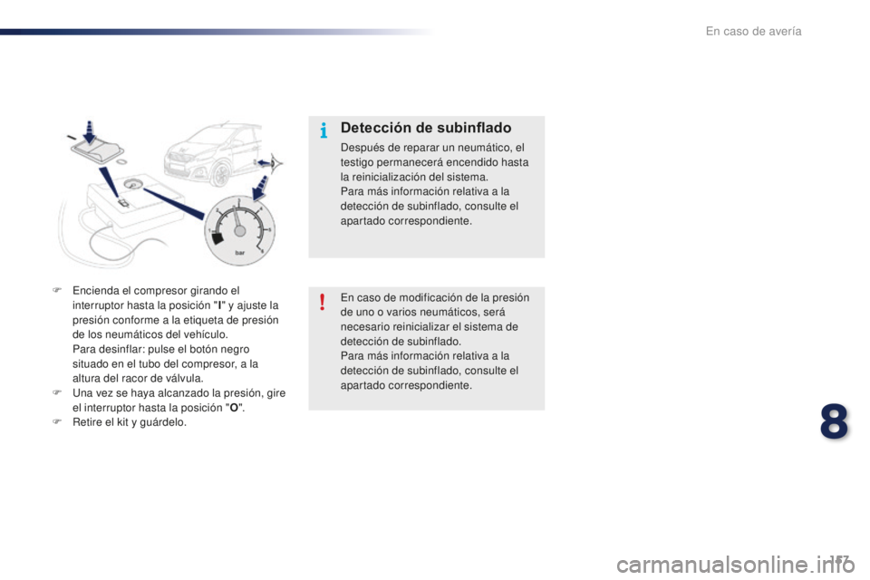 PEUGEOT 108 2016  Manual del propietario (in Spanish) 157
108_es_Chap08_en-cas-pannes_ed01-2016
En caso de modificación de la presión 
de uno o varios neumáticos, será 
necesario reinicializar el sistema de 
detección de subinflado.
Para más inform