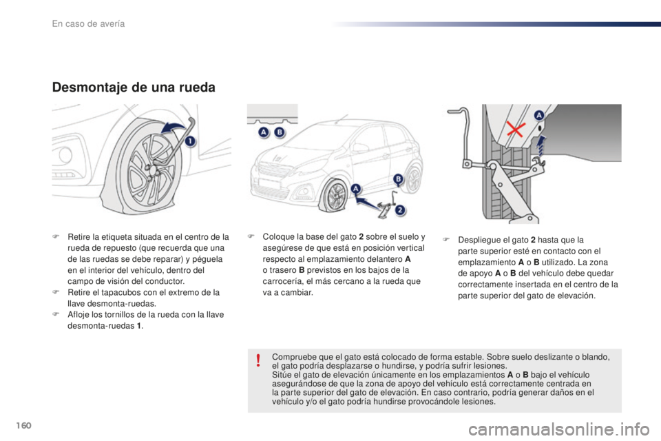 PEUGEOT 108 2016  Manual del propietario (in Spanish) 160
108_es_Chap08_en-cas-pannes_ed01-2016
Desmontaje de una rueda
F Retire la etiqueta situada en el centro de la rueda de repuesto (que recuerda que una 
de las ruedas se debe reparar) y péguela 
en