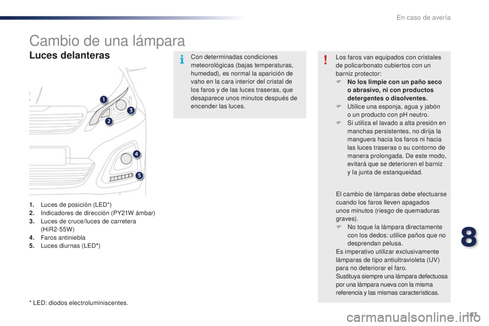 PEUGEOT 108 2016  Manual del propietario (in Spanish) 163
108_es_Chap08_en-cas-pannes_ed01-2016
Cambio de una lámpara
Luces delanteras
1. Luces de posición (LED*)
2. Indicadores de dirección (PY21W ámbar)
3.
 L

uces de cruce/luces de carretera  
(Hi