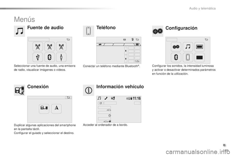 PEUGEOT 108 2016  Manual del propietario (in Spanish) 189
108_es_Chap10a_Autoradio-Toyota-tactile-1_ed01-2016
Menús
Fuente de audioConfiguración
Teléfono
Conexión Información vehículo
Seleccionar una fuente de audio, una emisora 
de radio, visualiz