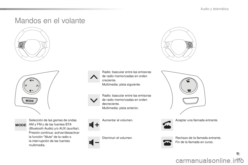 PEUGEOT 108 2016  Manual del propietario (in Spanish) 241
108_es_Chap10b_Autoradio-Toyota-2_ed01-2016
Mandos en el volante
Selección de las gamas de ondas 
AM y FM y de las fuentes BTA 
(Bluetooth Audio) y/o AUX (auxiliar).
Presión continua: activar/de