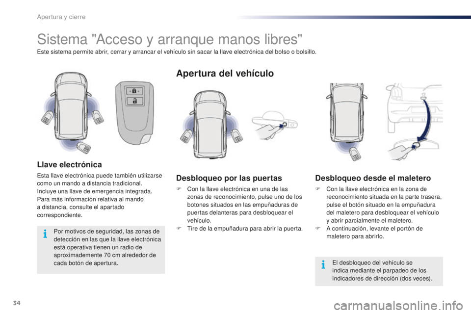 PEUGEOT 108 2016 Manual del propietario (in Spanish) 34
108_es_Chap02_ouvertures_ed01-2016
Sistema "Acceso y arranque manos libres"
Este sistema permite abrir, cerrar y arrancar el vehículo sin sacar la llave electrónica del bolso o bolsillo.
PEUGEOT 108 2016 Manual del propietario (in Spanish) 34
108_es_Chap02_ouvertures_ed01-2016
Sistema "Acceso y arranque manos libres"
Este sistema permite abrir, cerrar y arrancar el vehículo sin sacar la llave electrónica del bolso o bolsillo.
