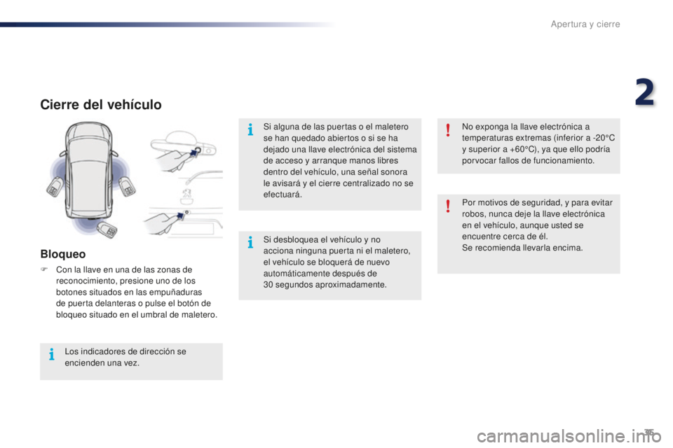 PEUGEOT 108 2016 Manual del propietario (in Spanish) 35
108_es_Chap02_ouvertures_ed01-2016
Cierre del vehículo
Bloqueo
F Con la llave en una de las zonas de reconocimiento, presione uno de los
botones situados en las empuñaduras
de puerta delanteras PEUGEOT 108 2016 Manual del propietario (in Spanish) 35
108_es_Chap02_ouvertures_ed01-2016
Cierre del vehículo
Bloqueo
F Con la llave en una de las zonas de reconocimiento, presione uno de los
botones situados en las empuñaduras
de puerta delanteras