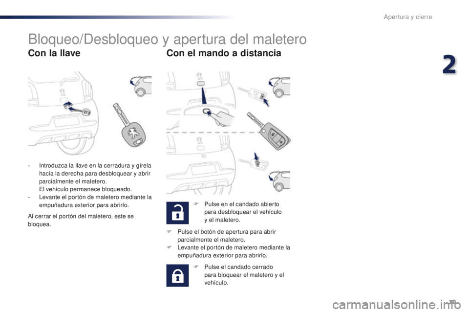 PEUGEOT 108 2016  Manual del propietario (in Spanish) 39
108_es_Chap02_ouvertures_ed01-2016
Bloqueo/Desbloqueo y apertura del maletero
Con la llaveCon el mando a distancia
F Pulse en el candado abierto  
para desbloquear el vehículo  
y el maletero.
-
 