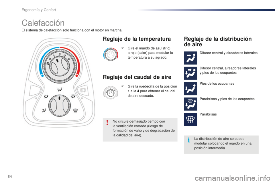 PEUGEOT 108 2016  Manual del propietario (in Spanish) 54
108_es_Chap03_ergonomie-confort_ed01-2016
Calefacción
El sistema de calefacción solo funciona con el motor en marcha.F  
G
 ire el mando de azul (frío) 
a rojo (calor) para modular la 
temperatu