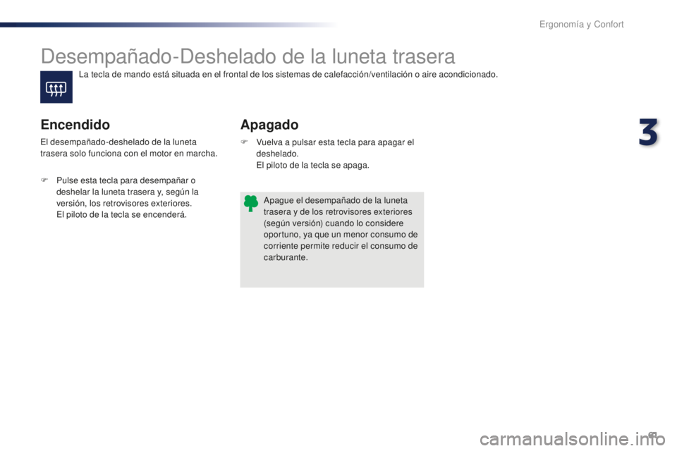 PEUGEOT 108 2016  Manual del propietario (in Spanish) 61
108_es_Chap03_ergonomie-confort_ed01-2016
Desempañado-Deshelado de la luneta trasera
Apagado
Encendido
F Vuelva a pulsar esta tecla para apagar el 
deshelado.
 E

l piloto de la tecla se apaga.
El
