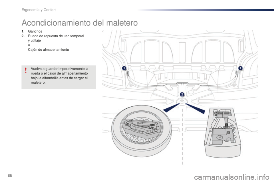 PEUGEOT 108 2016  Manual del propietario (in Spanish) 68
108_es_Chap03_ergonomie-confort_ed01-2016
Acondicionamiento del maletero
1. Ganchos
2. R ueda de repuesto de uso temporal  
y utillaje
 

o
 C

ajón de almacenamiento
Vuelva a guardar imperativame