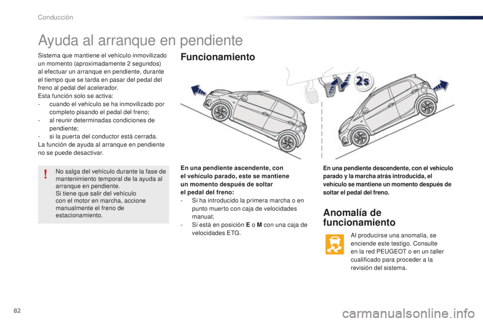 PEUGEOT 108 2016  Manual del propietario (in Spanish) 82
108_es_Chap04_conduite_ed01-2016
Ayuda al arranque en pendiente
Sistema que mantiene el vehículo inmovilizado 
un momento (aproximadamente 2 segundos) 
al efectuar un arranque en pendiente, durant