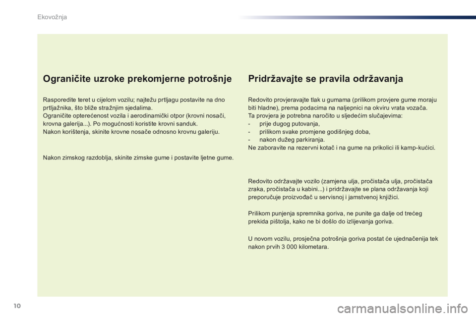 PEUGEOT 108 2016 Upute Za Rukovanje (in Croatian) 10
108_hr_Chap00c_eco-conduite_ed01-2016
Ograničite uzroke prekomjerne potrošnje
Rasporedite teret u cijelom vozilu; najtežu prtljagu postavite na dno
prtljažnika, što bliže stražnjim sjedalim PEUGEOT 108 2016 Upute Za Rukovanje (in Croatian) 10
108_hr_Chap00c_eco-conduite_ed01-2016
Ograničite uzroke prekomjerne potrošnje
Rasporedite teret u cijelom vozilu; najtežu prtljagu postavite na dno
prtljažnika, što bliže stražnjim sjedalim