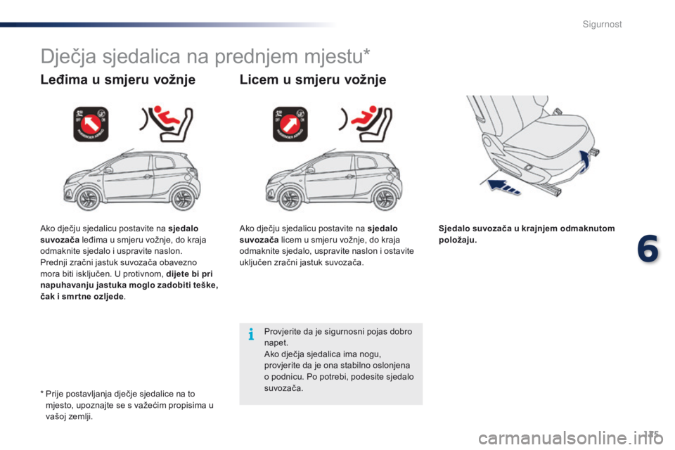PEUGEOT 108 2016  Upute Za Rukovanje (in Croatian) 125
108_hr_Chap06_securite_ed01-2016
Dječja sjedalica na prednjem mjestu*
Leđima u smjeru vožnje Licem u smjeru vožnje
Sjedalo suvozača u krajnjem odmaknutom 
položaju.
Provjerite da je sigurnos