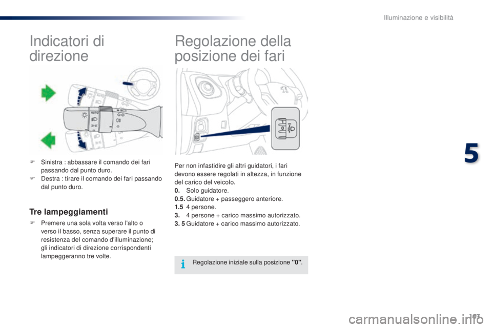 PEUGEOT 108 2016  Manuale duso (in Italian) 103
108_it_Chap05_eclairage-visibilite_ed01-2016
Regolazione della 
posizione dei fari
Per non infastidire gli altri guidatori, i fari 
devono essere regolati in altezza, in funzione 
del carico del v