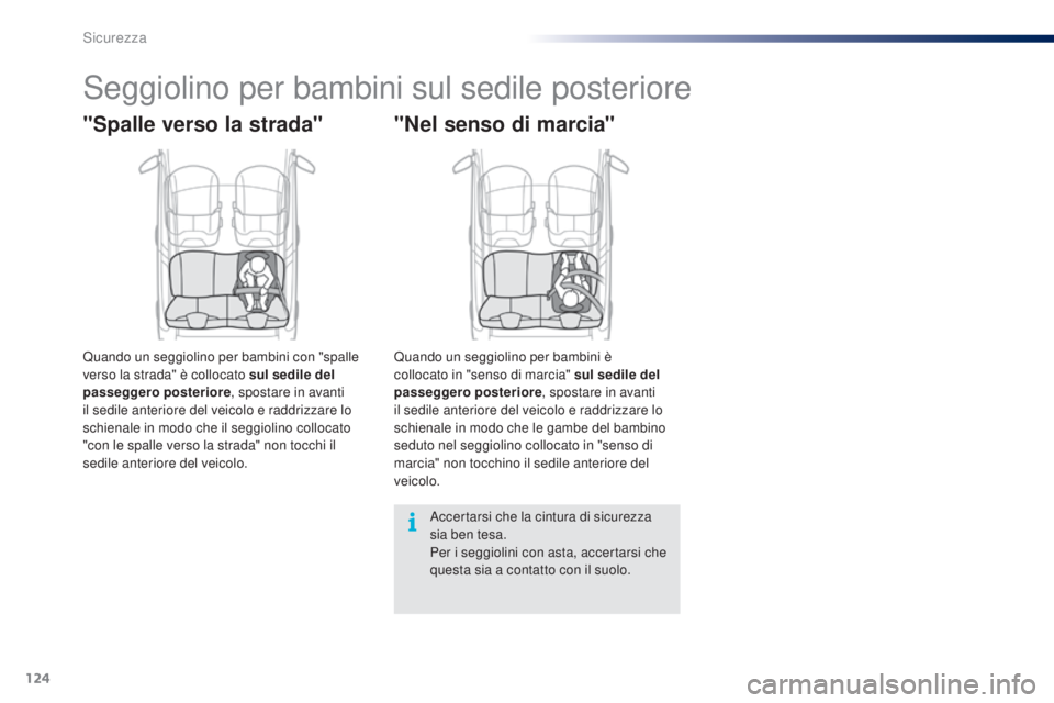 PEUGEOT 108 2016  Manuale duso (in Italian) 124
108_it_Chap06_securite_ed01-2016
Seggiolino per bambini sul sedile posteriore
"Spalle verso la strada"
Quando un seggiolino per bambini con "spalle 
verso la strada" è collocato s