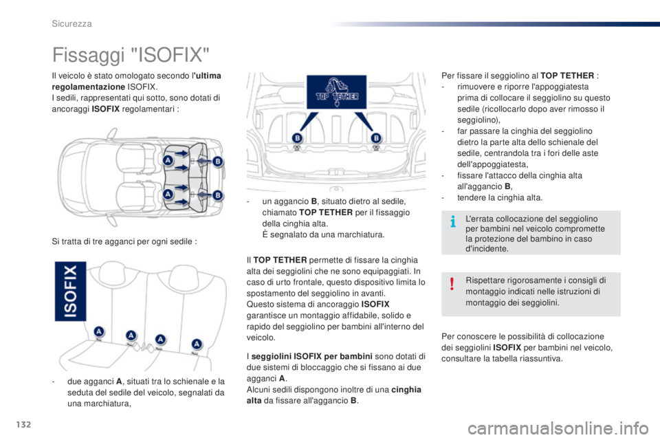 PEUGEOT 108 2016 Manuale duso (in Italian) 132
108_it_Chap06_securite_ed01-2016
Il veicolo è stato omologato secondo l'ultima
regolamentazione ISOFIX.
I sedili, rappresentati qui sotto, sono dotati di
ancoraggi ISOFIX regolamentari :
PEUGEOT 108 2016 Manuale duso (in Italian) 132
108_it_Chap06_securite_ed01-2016
Il veicolo è stato omologato secondo l'ultima
regolamentazione ISOFIX.
I sedili, rappresentati qui sotto, sono dotati di
ancoraggi ISOFIX regolamentari :
