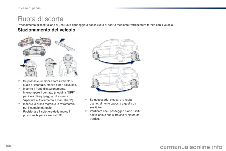 PEUGEOT 108 2016  Manuale duso (in Italian) 158
108_it_Chap08_en-cas-pannes_ed01-2016
Ruota di scorta
F Se possibile, immobilizzare il veicolo su suolo orizzontale, stabile e non scivoloso.
F
 
I
 nserire il freno di stazionamento.
F
 
I
 nterr