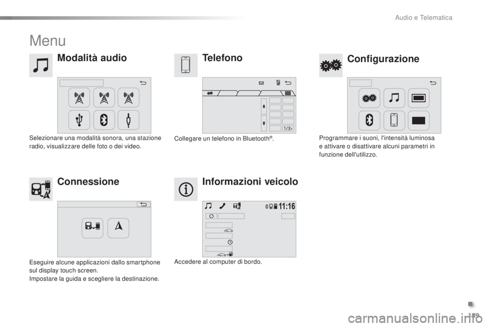 PEUGEOT 108 2016  Manuale duso (in Italian) 189
108_it_Chap10a_Autoradio-Toyota-tactile-1_ed01-2016
Menu
Modalità audioConfigurazione
Telefono
Connessione Informazioni veicolo
Selezionare una modalità sonora, una stazione 
radio, visualizzare