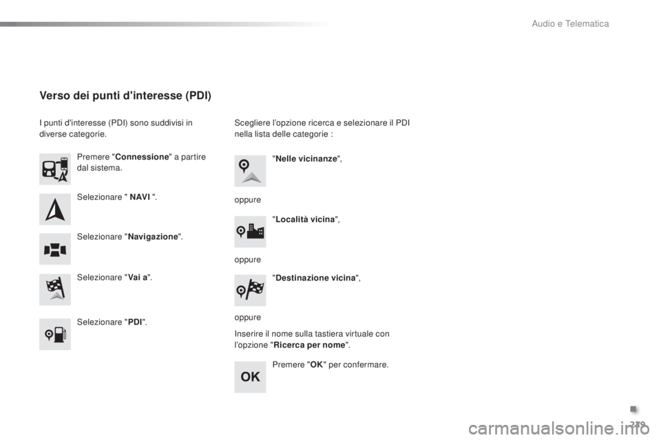 PEUGEOT 108 2016  Manuale duso (in Italian) 229
108_it_Chap10a_Autoradio-Toyota-tactile-1_ed01-2016
Selezionare " N AV I ".
Selezionare " Vai a".
Premere "
Connessione " a partire 
dal sistema.
Selezionare " Navigazi