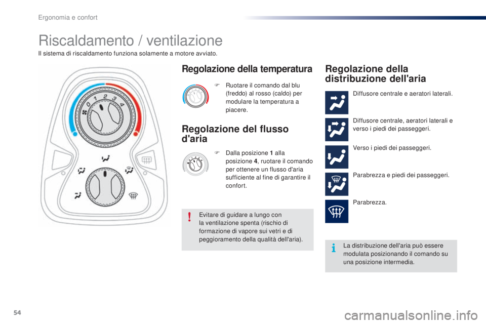 PEUGEOT 108 2016  Manuale duso (in Italian) 54
108_it_Chap03_ergonomie-confort_ed01-2016
Riscaldamento / ventilazione
Il sistema di riscaldamento funziona solamente a motore avviato.F  
R
 uotare il comando dal blu 
(freddo) al rosso (caldo) pe
