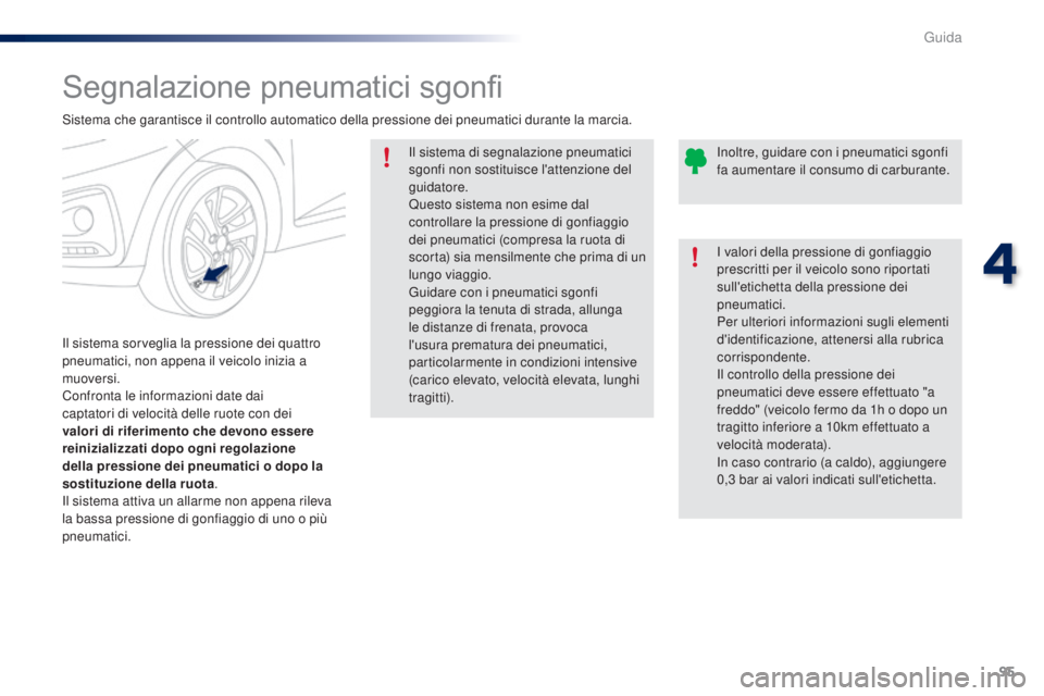 PEUGEOT 108 2016  Manuale duso (in Italian) 95
108_it_Chap04_conduite_ed01-2016
Segnalazione pneumatici sgonfi
Il sistema sorveglia la pressione dei quattro 
pneumatici, non appena il veicolo inizia a 
muoversi.
Confronta le informazioni date d
